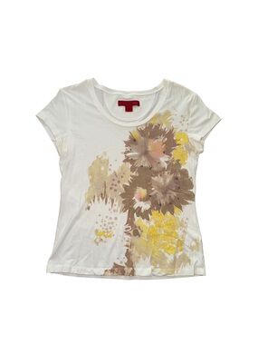 Floral Print Short Sleeve Tee - White with Yellow & Brown Flowers